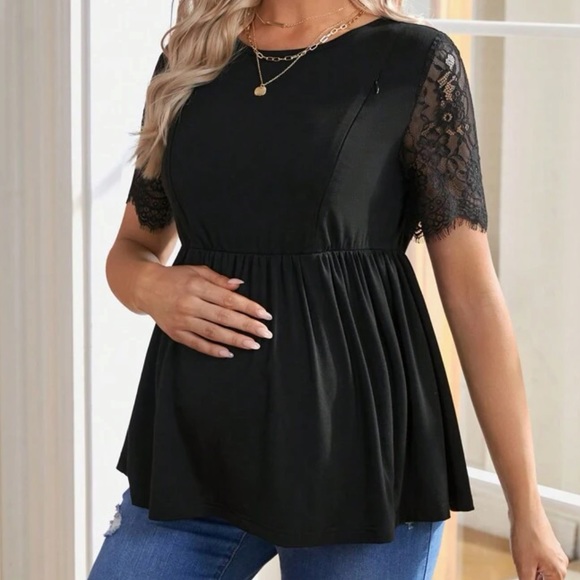 MATERNITY black eyelash floral lace short sleeve blouse - Picture 3 of 5